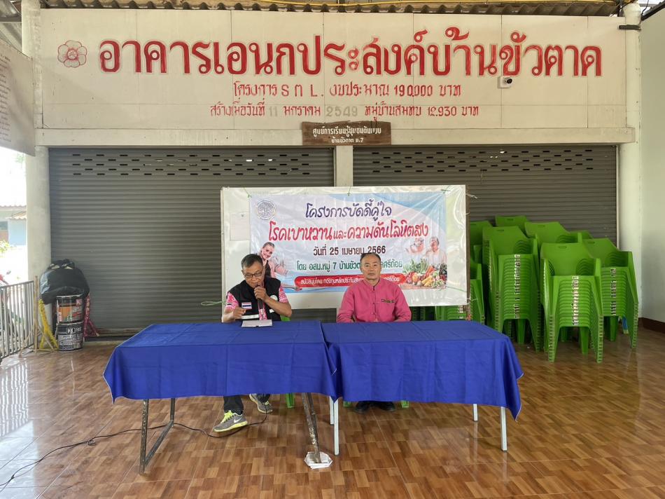  ออกติดตามและประเมินผลการดำเนินงานโครงการบั้ดดี่คู่ใจป้องกันโรคเบาหวานและความกันโลหิตสูงบ้านขัวตาด หมู่ที่ 7 ณ อาคารอเนกประสงค์บ้านขัวตาด